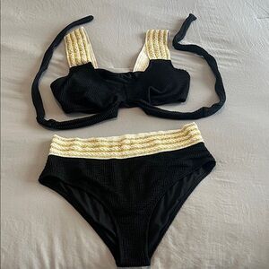 Black Two-Piece Bikini Set with Gold Trim